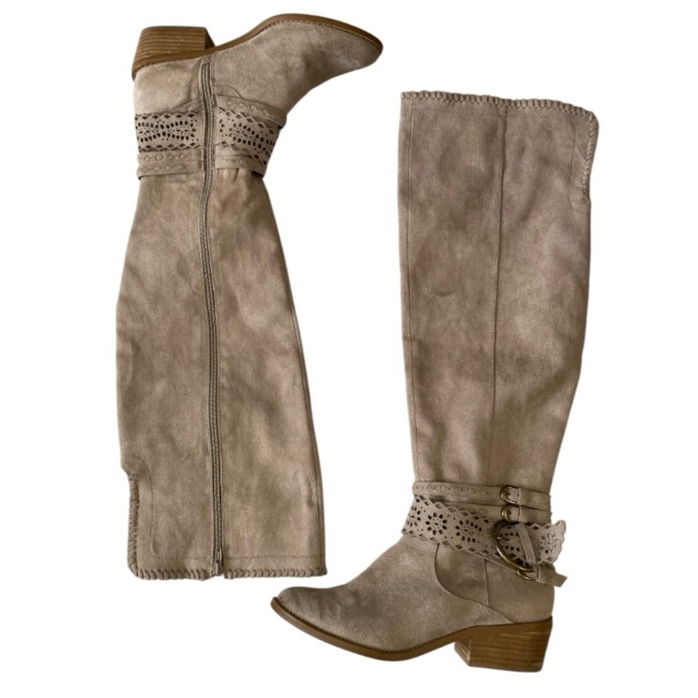 Not Rated Knee Length Vegan Side Zip Ankle Embellished Suede Boot Women size 9.5